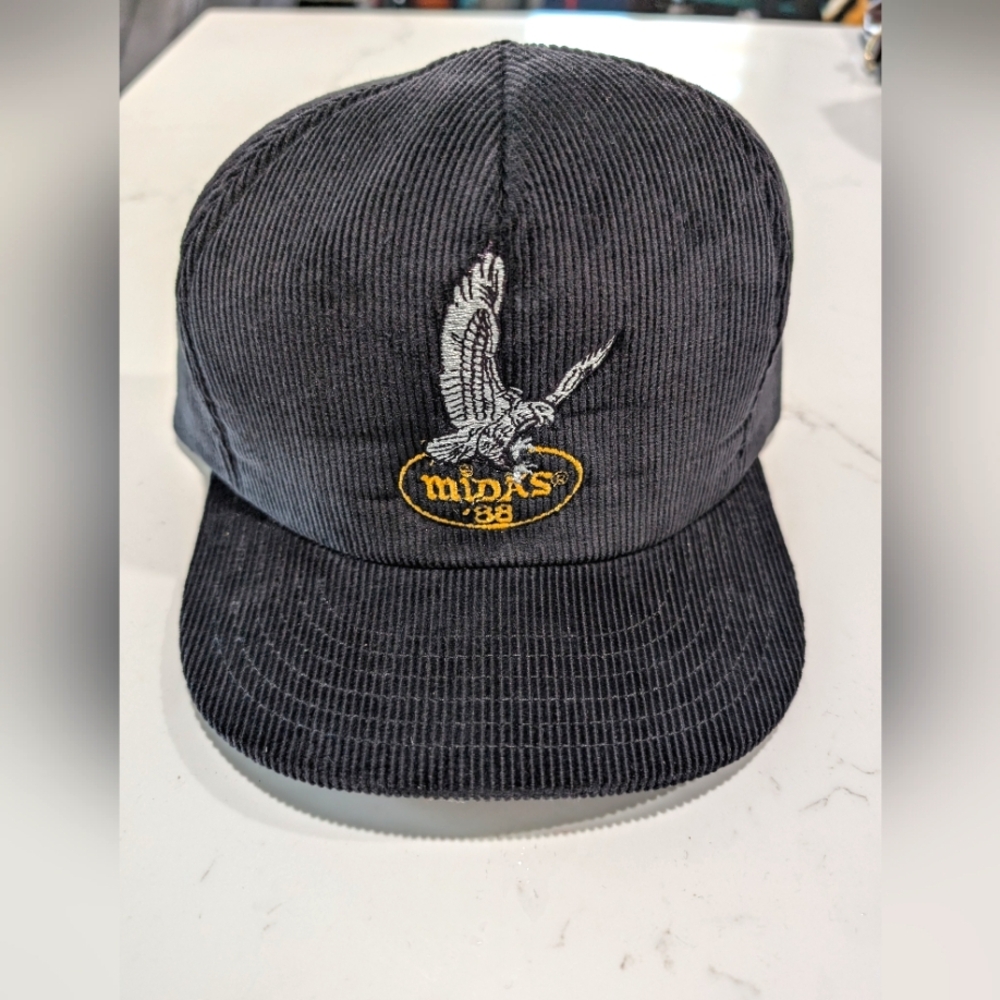 Vintage Midas '88 Corduroy Mesh Snapback Hat, Black Embroidered Truckers Cap